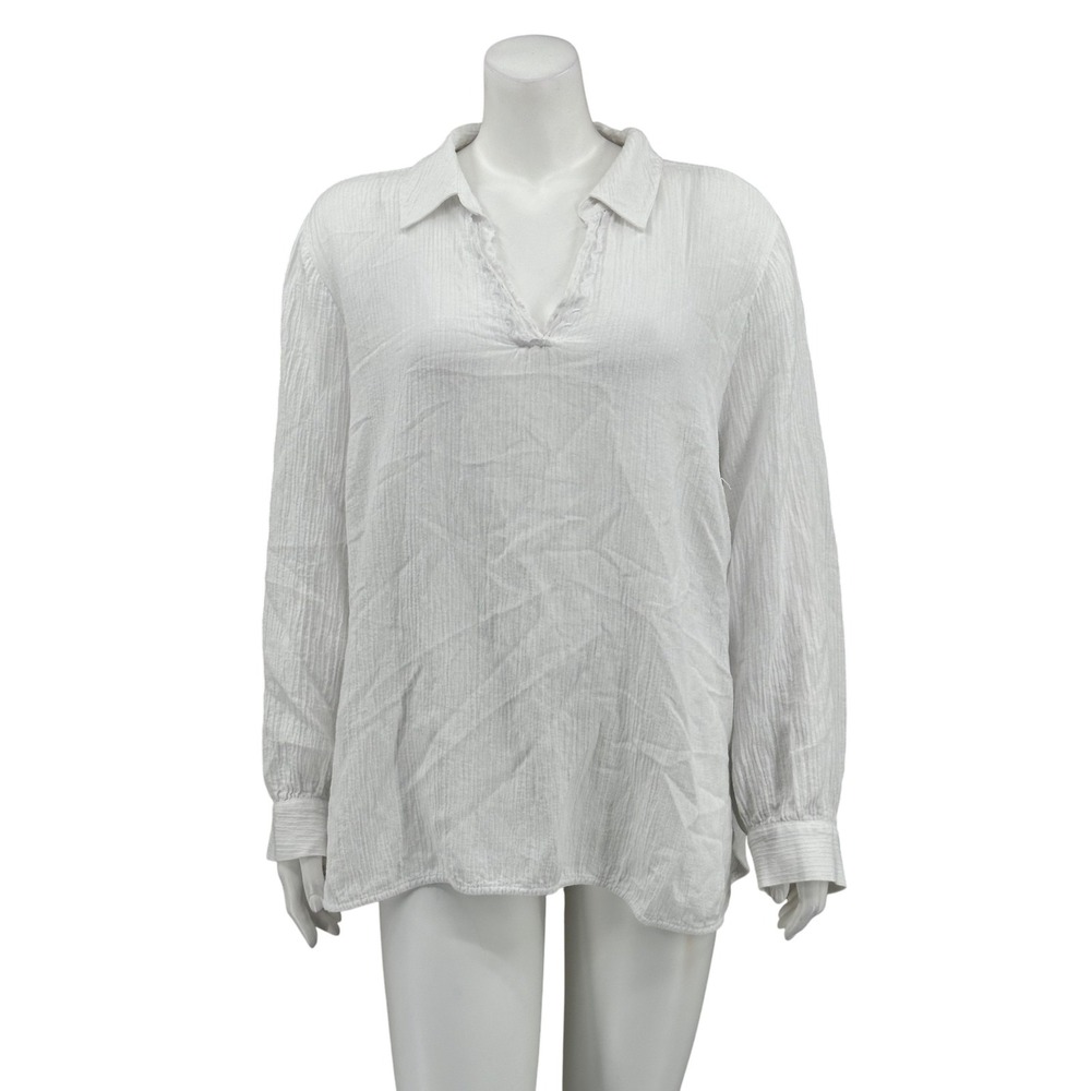 Soft Surroundings Top Womens 2X White Textured Long Sleeve V-Neck Sheer‎ Beachy